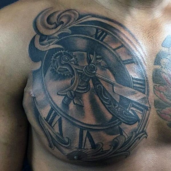 Mens Chest Antique Clock With Straight Razor Hands Tattoo Design Ideas
