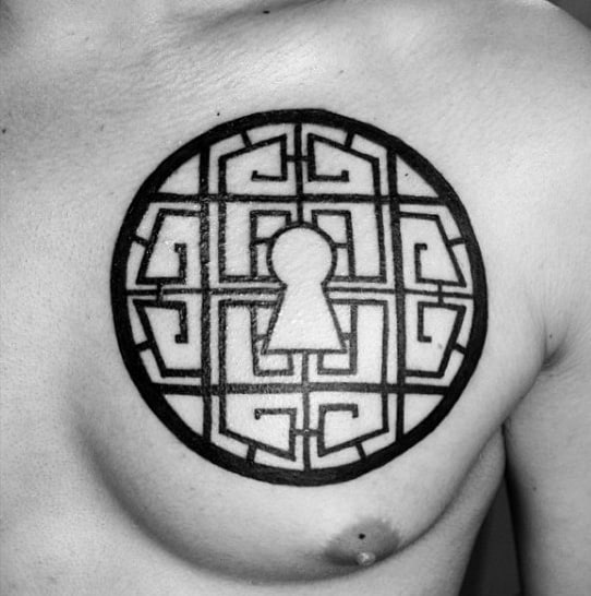 Mens Chest Black Ink Linework Keyhole Tattoos