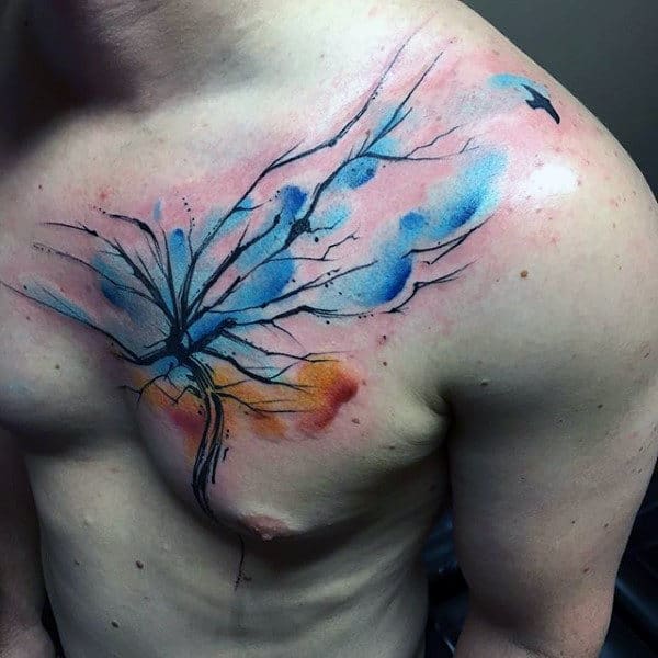 Mens Chest Blue Watercolor Tree Tattoo
