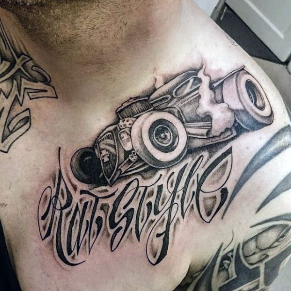 Mens Chest Burning Hot Rod Tattoo