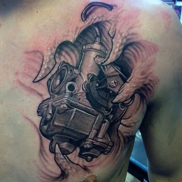 Mens Chest Carburetor Engine Tattoo