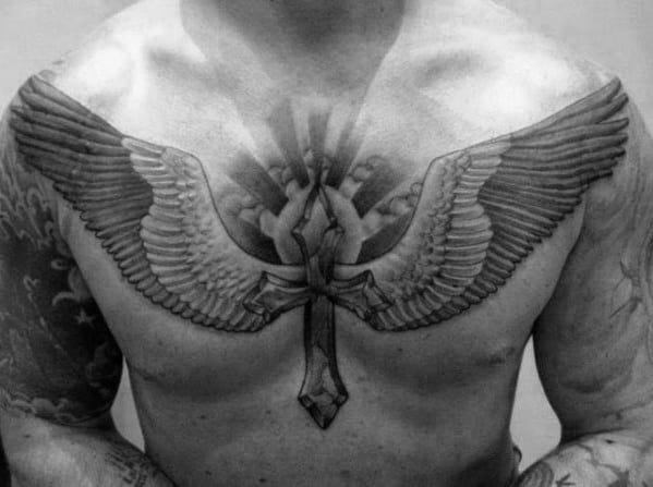 Mens Chest Cross With Wings And Clouds Tattoo