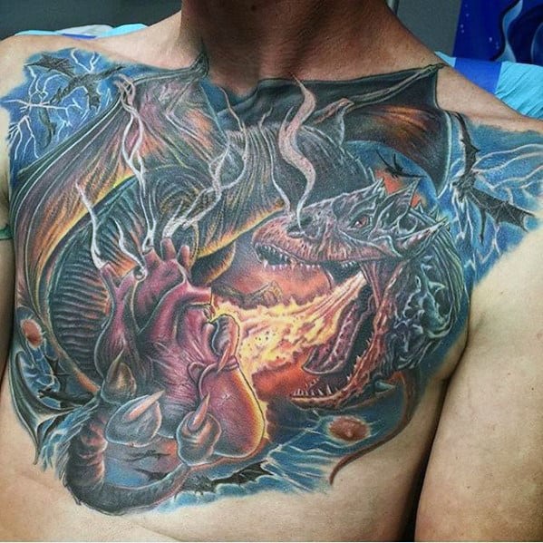 Mens Chest Dragon Breathing Fire With Heart Tattoo Design