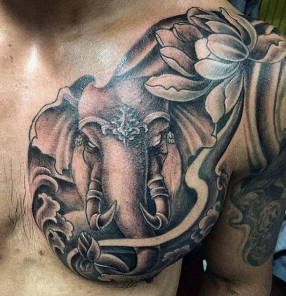 Mens Chest Elephant With Florals Tattoo