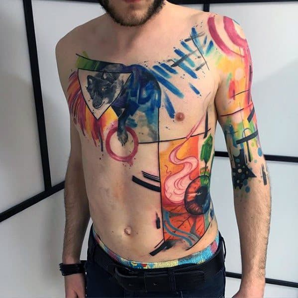 Mens Chest Fox Artsy Colorful Watercolor Tattoo Designs