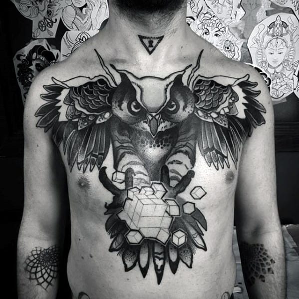 Mens Chest Geometric Owl With Cube Tattoo Design