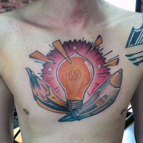 Mens Chest Glowing Bulb New School Tattoo