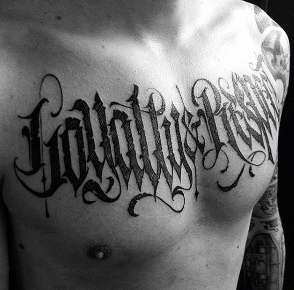Mens Chest Horror Lettering Tattoo