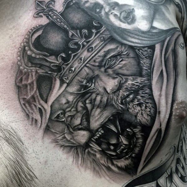 Mens Chest Merged King And Lion With Crown Tattoo