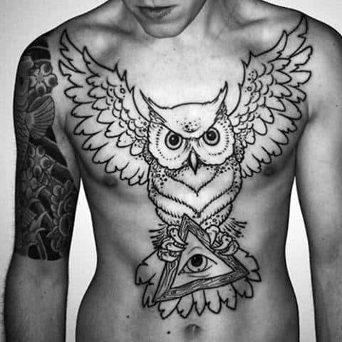 Mens Chest Owl And Illuminati Tattoo