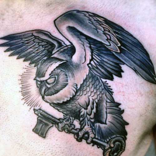 Mens Chest Owl Bird With Key Tattoo Design