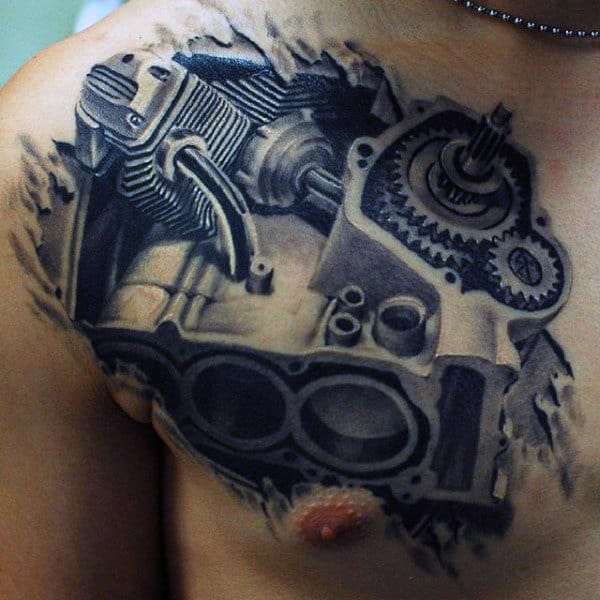 Mens Chest Realistic Engine Tattoo