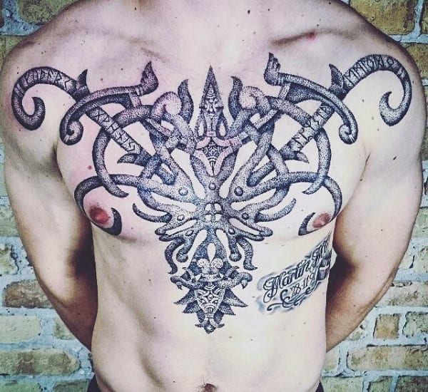 Mens Chest Runes Tattoos With Dotwork Design