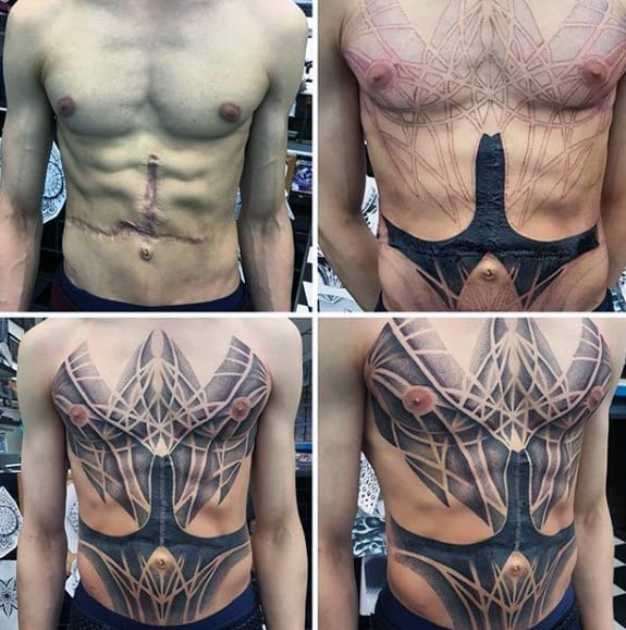 Mens Chest Scar Cover Up Geometric Tattoo Design Ideas
