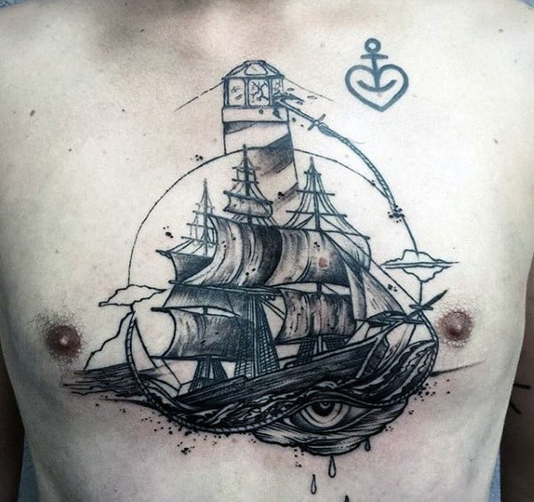 Mens Chest Ship And Lighthouse Tattoo