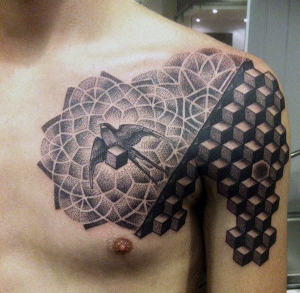 Geometric tattoo with a bird on a person's chest and shoulder