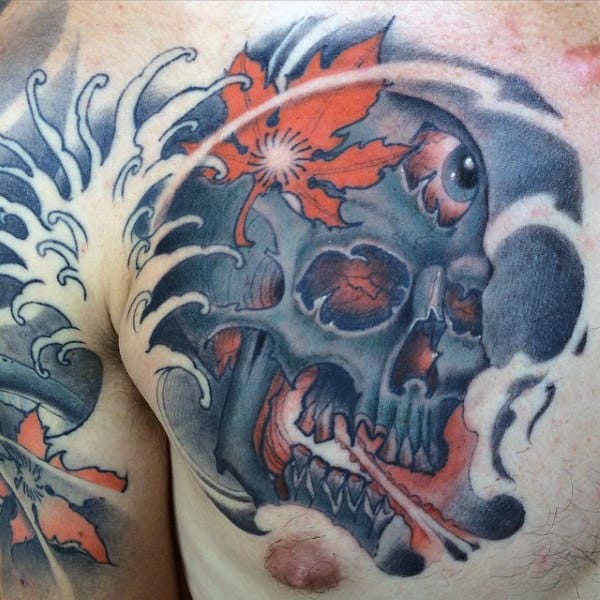 Mens Chest Tattoo Of Skull With Japanese Maple Leaf