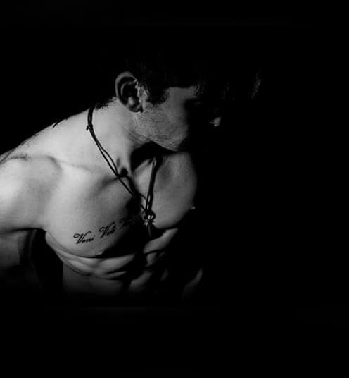 Mens Chest Tattoo Of Veni Vidi Vici Word Lettering