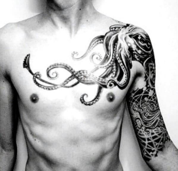 Shirtless person with a detailed octopus tattoo on chest and intricate designs on arm