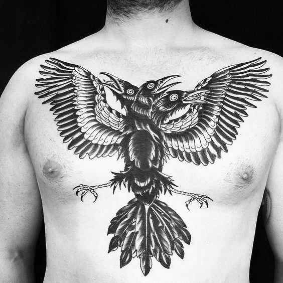 Mens Chest Three Headed Crow Cover Up Tattoos