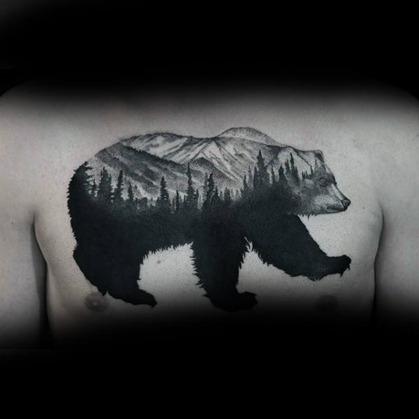 Mens Chest Tress Inside Bear Dotwotk Tattoo