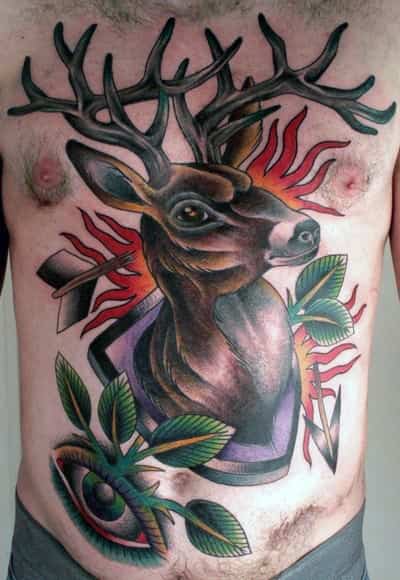 Mens Chest Unique Traditional Deer Mounted On Wall Tattoo