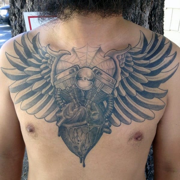 Mens Chest Winged Engine Tattoo