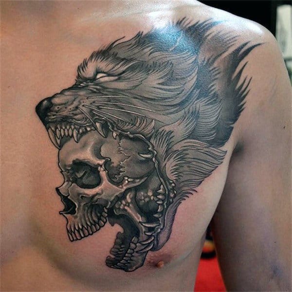 Mens Chest Wolf Skull Tattoos