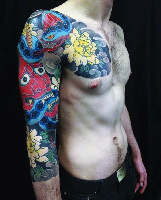 Mens Chest Yellow Flower Japanese Upper Chest And Half Sleeve Tattoo