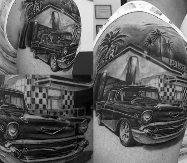Mens Chevy Truck Parked By Diner Quarter Sleeve Shaded Tattoos