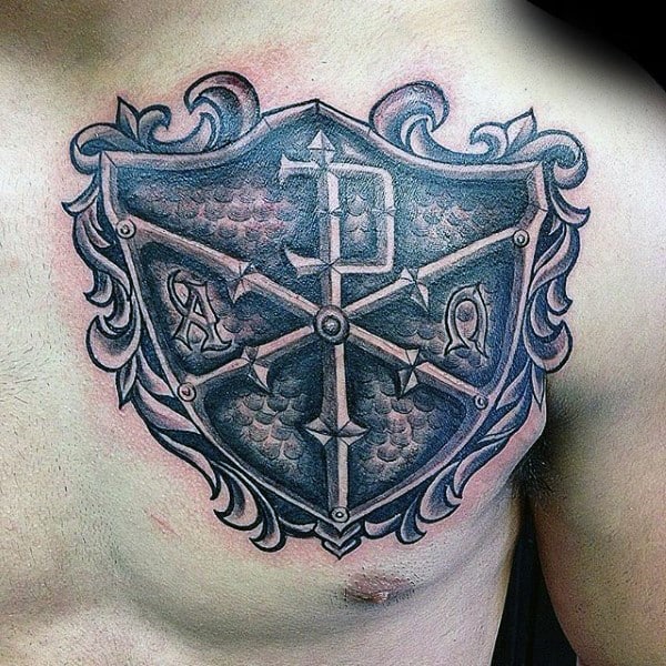 Mens Chi Rho Decorative Shield Chest Tattoos