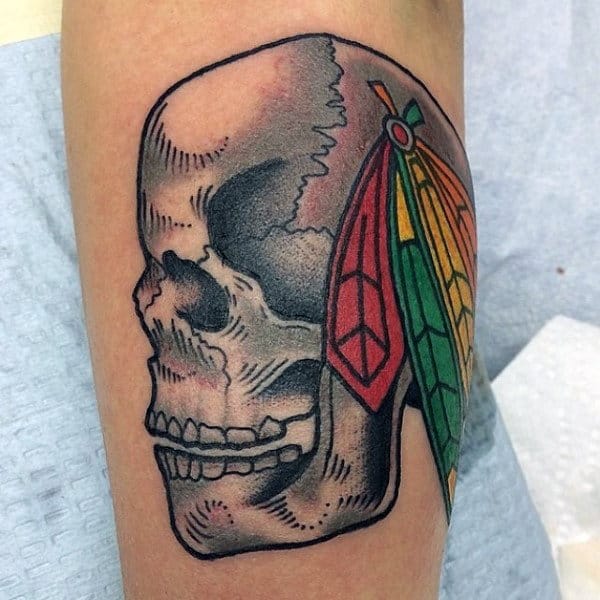 Mens Chicago Blackhawks Hockey Skull Tattoo On Arm