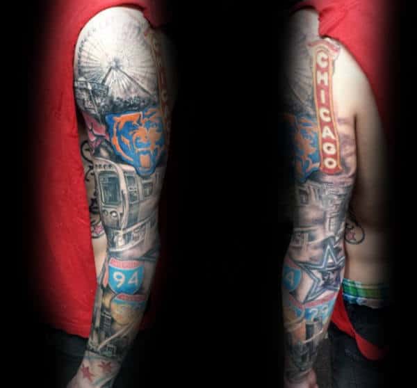 Mens Chicago Themed Flag Full Sleeve Tattoos