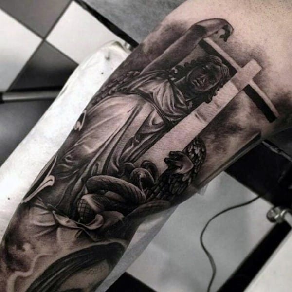 Mens Chicano Angel Holding Cross Realistic 3d Tattoo Design