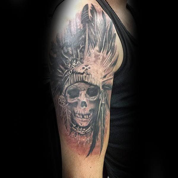 Mens Chief Indian Skull Upper Arm Tattoo Design Inspiration
