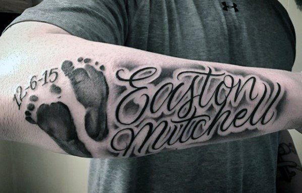 Mens Child Footprint With Name Forearm Tattoo