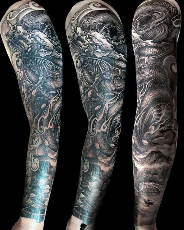 Mens Chinese Dragon Full Sleeve Tattoo Design With Shaded Black And Grey Ink