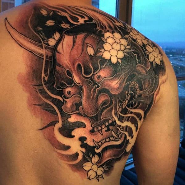 Mens Chinese Mask Upper Back Tattoo