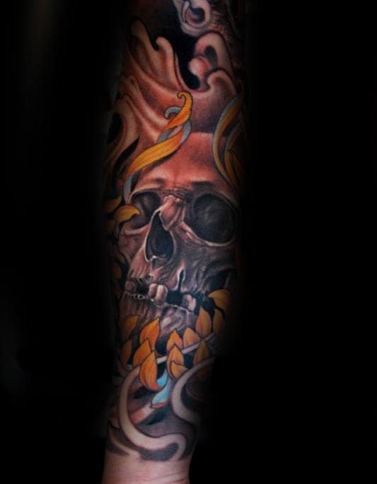 Mens Chrysanthemum Skull 3d Arm Sleeve Tattoo