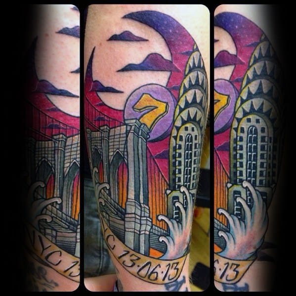 Colorful Chrysler Building tattoo with vibrant sky, moon, waves, and bridge elements for a dynamic, illustrative design.