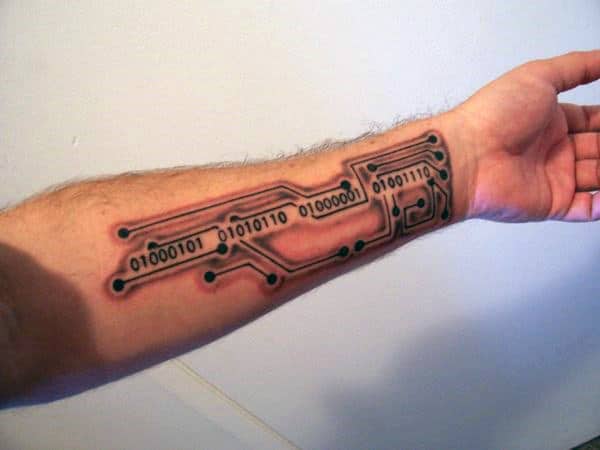 Mens Circuit Board Binary Inner Forearm Tattoos