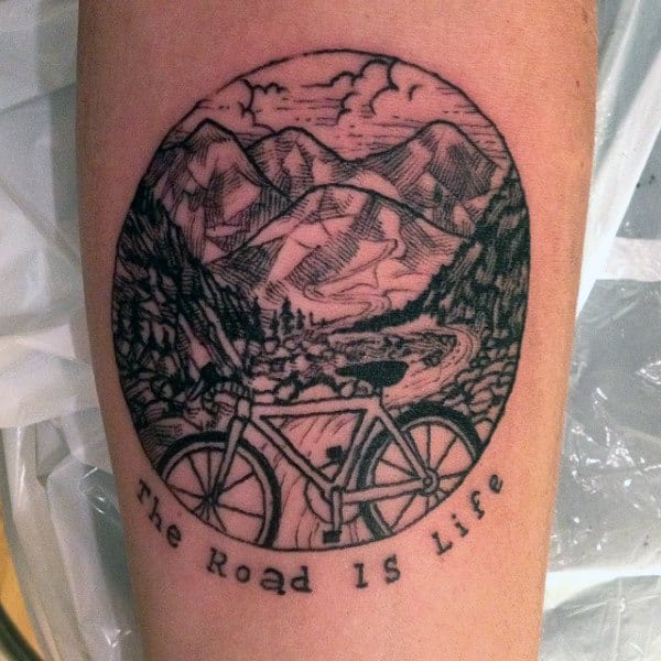 Mens Circular Bicycle Stamp Tattoo On Legs