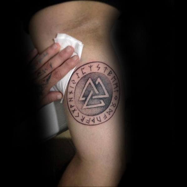 Mens Circular Valknut Run Tatto On Inner Arm Bicep