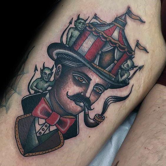Mens Circus Tattoo On Thigh