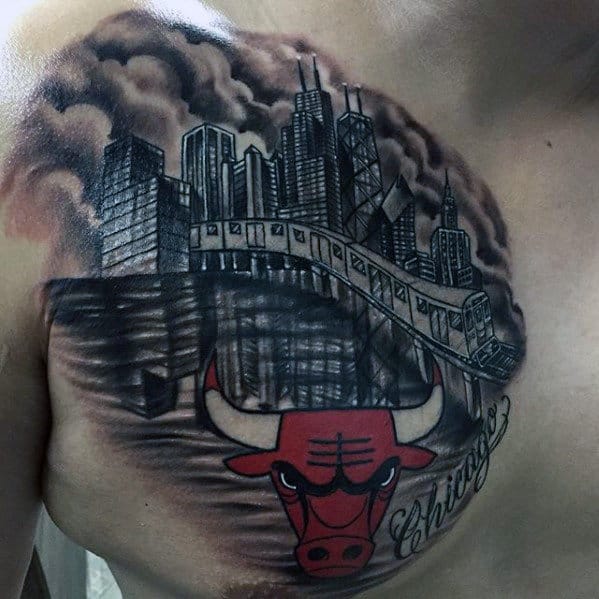 Mens City Skyline With Chicago Bulls Chest Tattoo