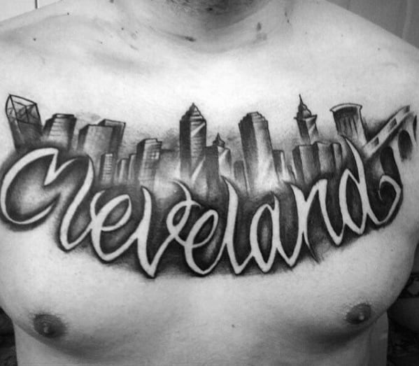 Mens Cleveland Skyline Negative Space Script Upper Chest Tattoos