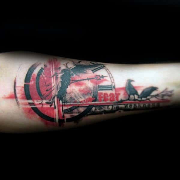 Mens Clock With Birds Trash Polka Inner Forearm Tattoo Design Ideas