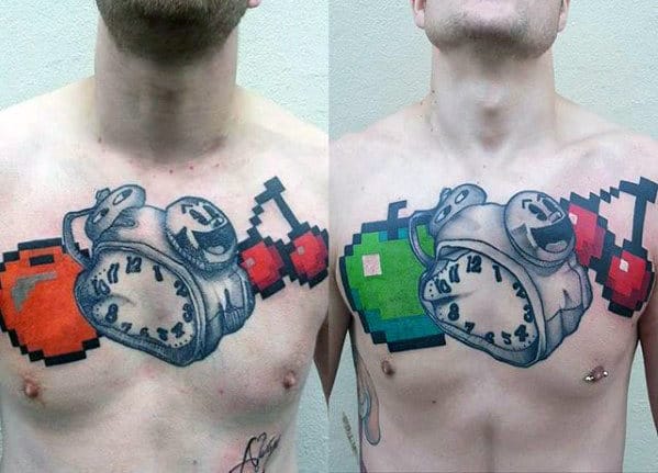 Mens Clock With Pacman Theme Upper Chest Tattoo