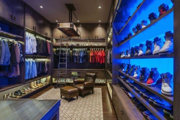 Mens Closet Lighting Ideas With Massive Shoe Display Shelves