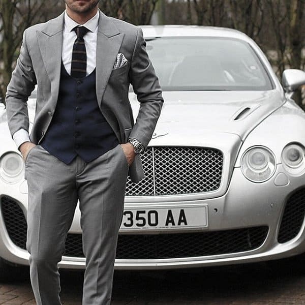 Mens Clothing Grey Suit Styles With Navy Blue Vest